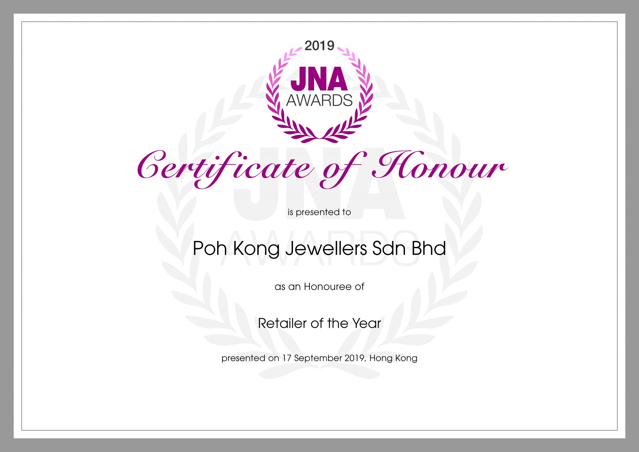 Poh Kong Jewellers Sdn Bhd Jewellery World Awards (JWA)
